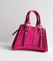 New Look Bright Pink Faux Croc Zip Front Cross Body Bag